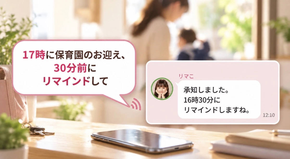 「17時に保育園のお迎え、30分前にリマインドして」と送ると、リマこが「承知しました。16時30分にリマインドしますね。」と返信するLINEの画面
