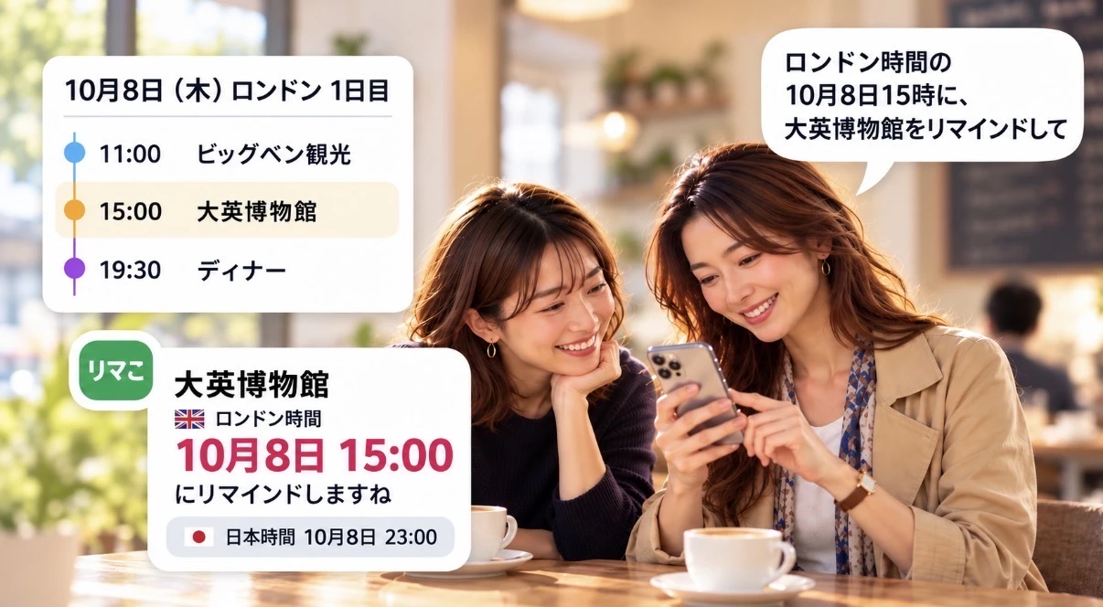 「ロンドン時間の10月8日15時に、大英博物館をリマインドして」と送ると、ロンドン時間10月8日15:00、日本時間10月8日23:00としてリマインドが登録される